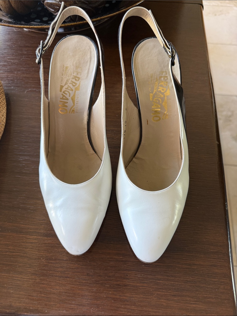Salvatore Ferragamo White Leather Slingback Pumps with Tan Strap